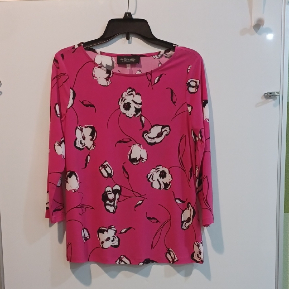 Evan Picone Pink Floral Blouse with Scoop Neck and Three-Quarter Sleeves